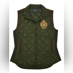 Polo Ralph Lauren Vest Women's Small Suede Trim Equestrian Quilted Crest Green